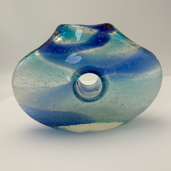 Vintage Blue and Clear Swirl  Glass Donut Vase - Picture 6 of 16